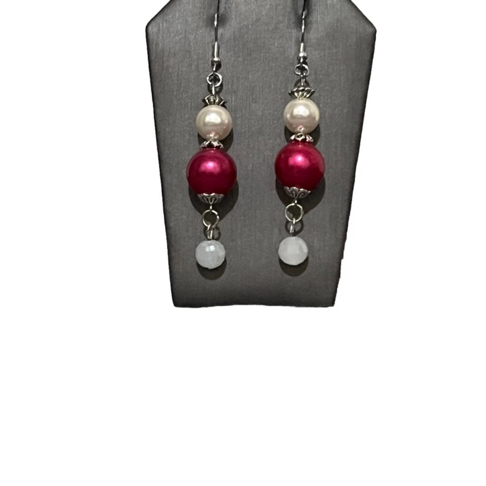 Beaded Earrings Pink, White With Silver Plated Backs Handmade